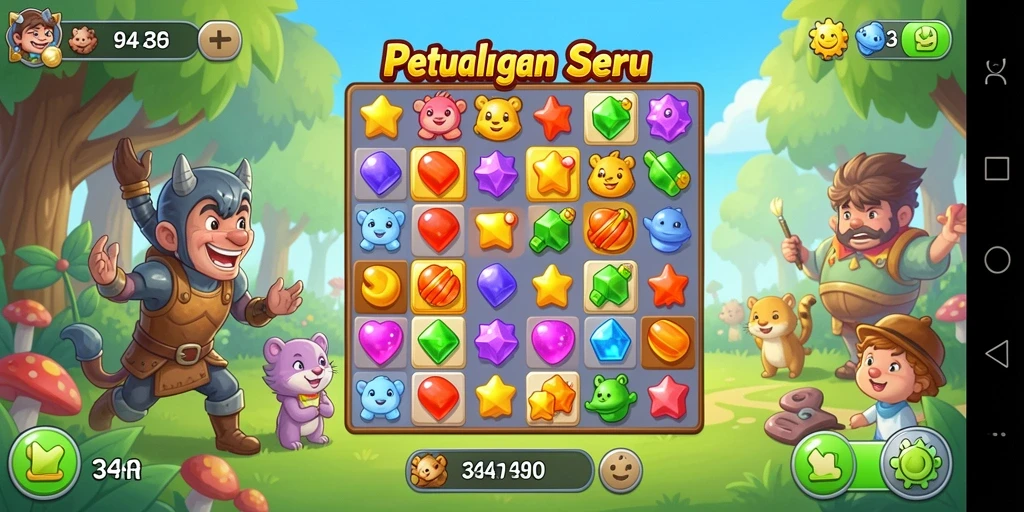 Screenshot menunjukkan gameplay seru 34R dengan objek colorful dan tantangan match-3.