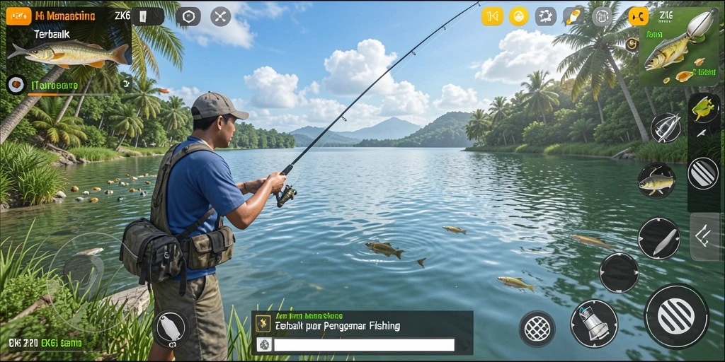 Gameplay ZK6 yang menampilkan aksi memancing di lokasi indah.